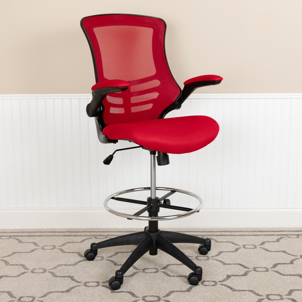 Mid-Back Red Mesh Ergonomic Drafting Chair with Adjustable Foot Ring and Flip-Up Arms. Picture 11