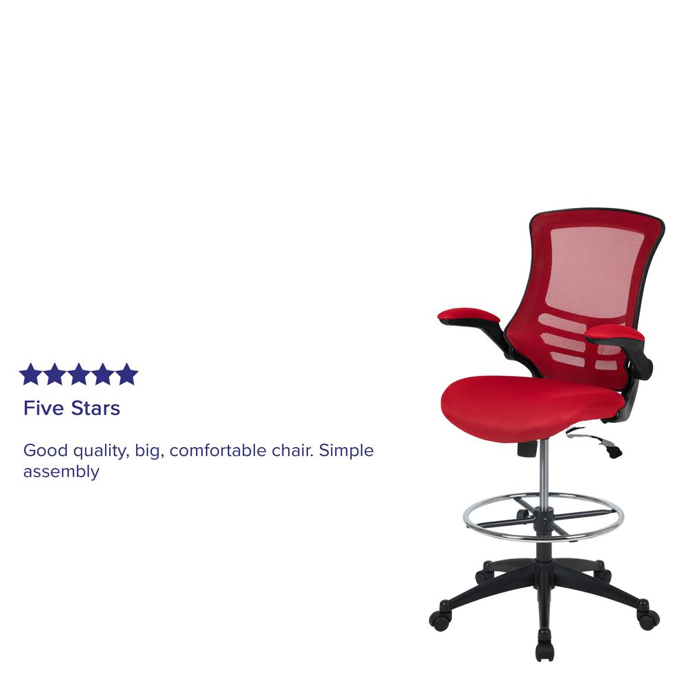Mid-Back Red Mesh Ergonomic Drafting Chair with Adjustable Foot Ring and Flip-Up Arms. Picture 12