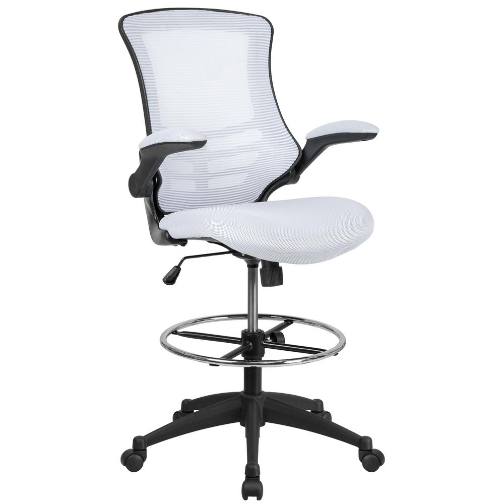 Mid Back White Mesh Ergonomic Drafting Chair with Adjustable Foot Ring and Flip-Up Arms. The main picture.