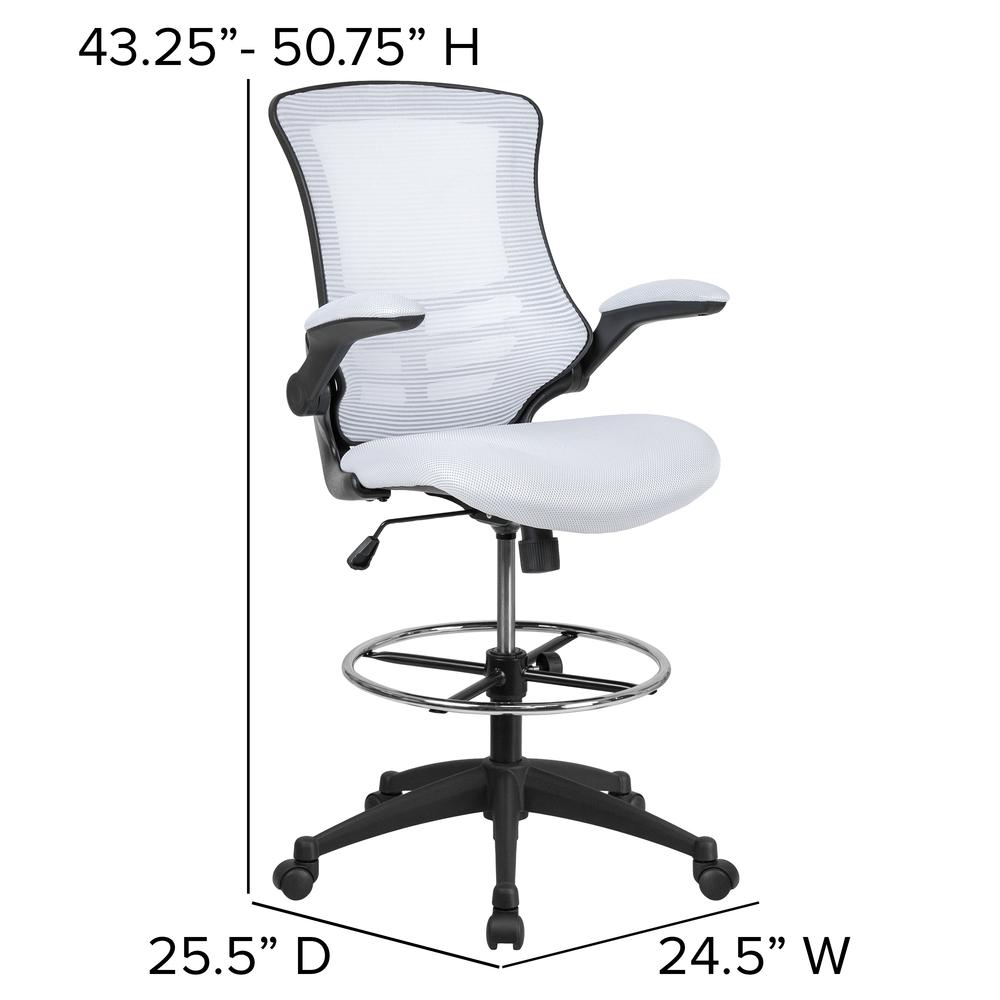 Mid Back White Mesh Ergonomic Drafting Chair with Adjustable Foot Ring and Flip-Up Arms. Picture 2