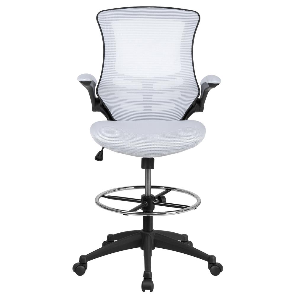 Mid Back White Mesh Ergonomic Drafting Chair with Adjustable Foot Ring and Flip-Up Arms. Picture 5