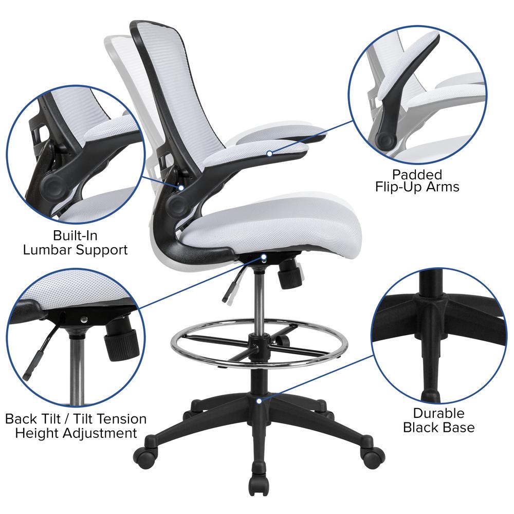 Mid-Back White Mesh Ergonomic Drafting Chair with Adjustable Foot Ring and Flip-Up Arms. Picture 3