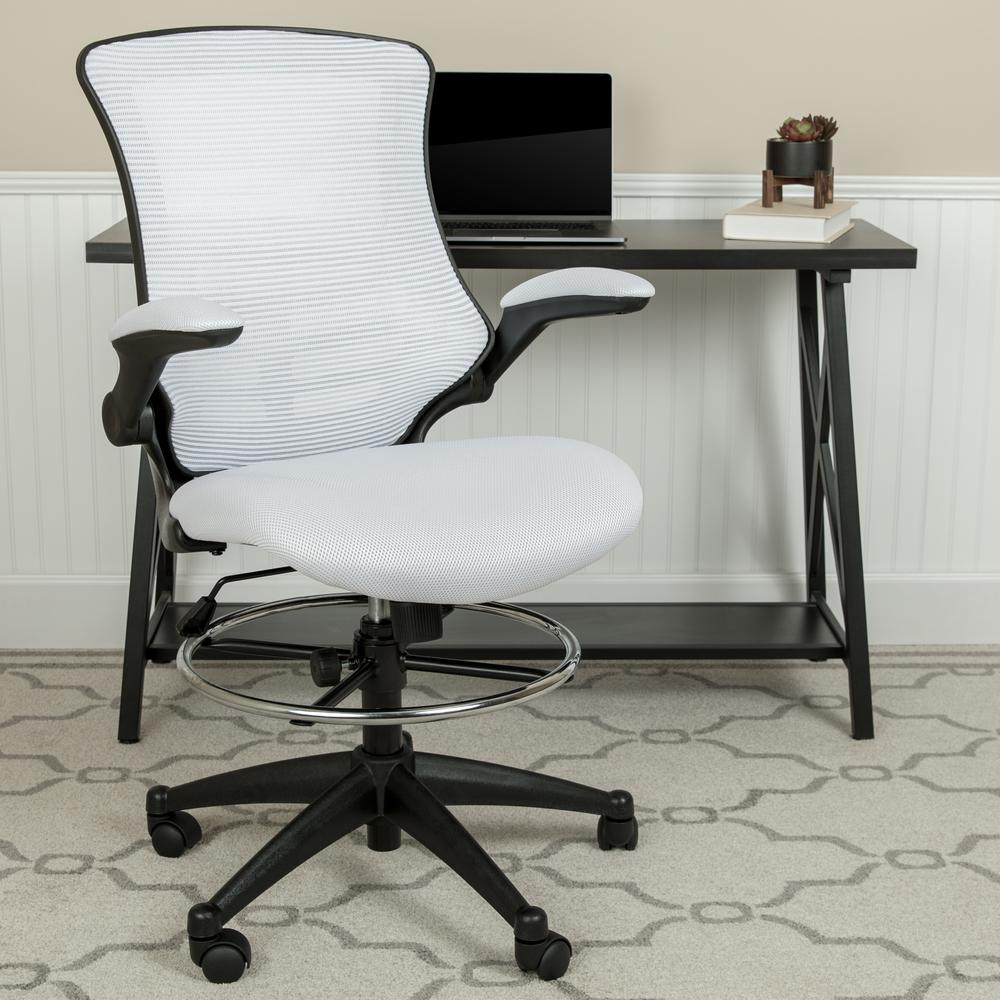 Mid-Back White Mesh Ergonomic Drafting Chair with Adjustable Foot Ring and Flip-Up Arms. Picture 2