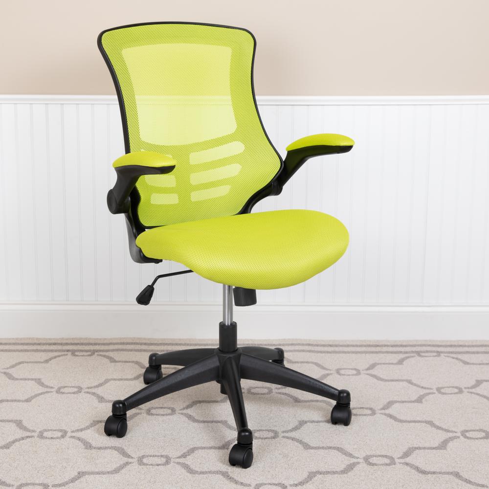 Mid-Back Green Mesh Swivel Ergonomic Task Office Chair with Flip-Up Arms. Picture 2
