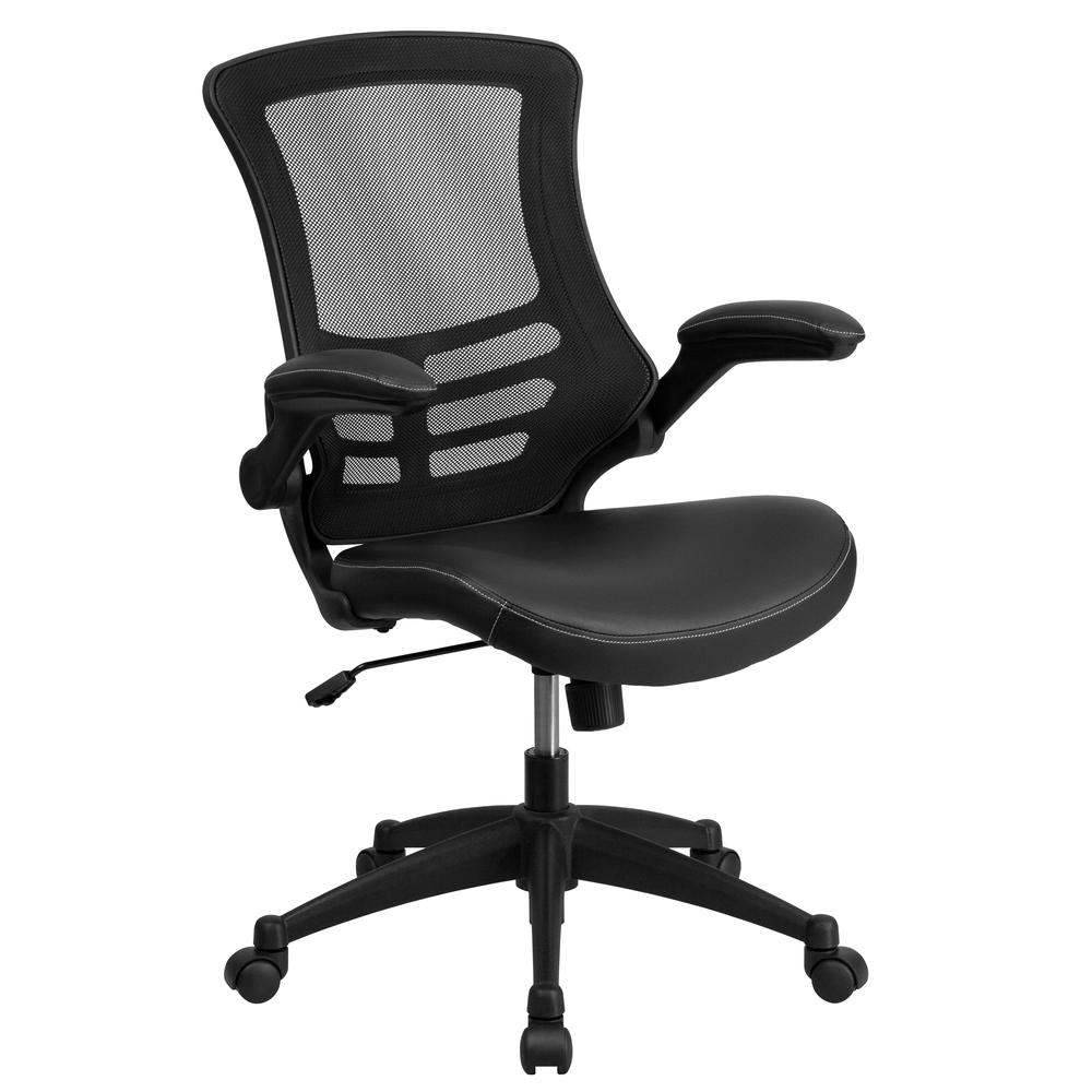 Mid-Back Black Mesh Swivel Ergonomic Task Office Chair with LeatherSoft Seat and Flip-Up Arms. Picture 1