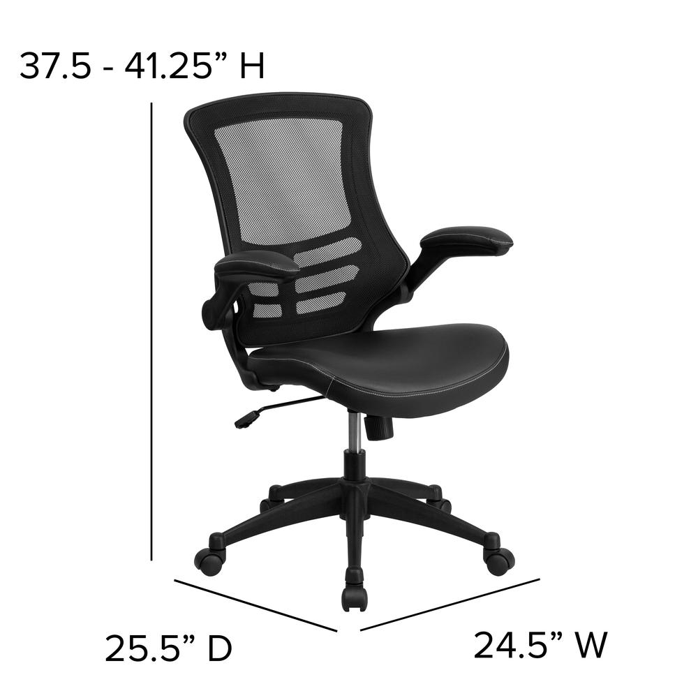 Mid-Back Black Mesh Swivel Ergonomic Task Office Chair with LeatherSoft Seat and Flip-Up Arms. Picture 2
