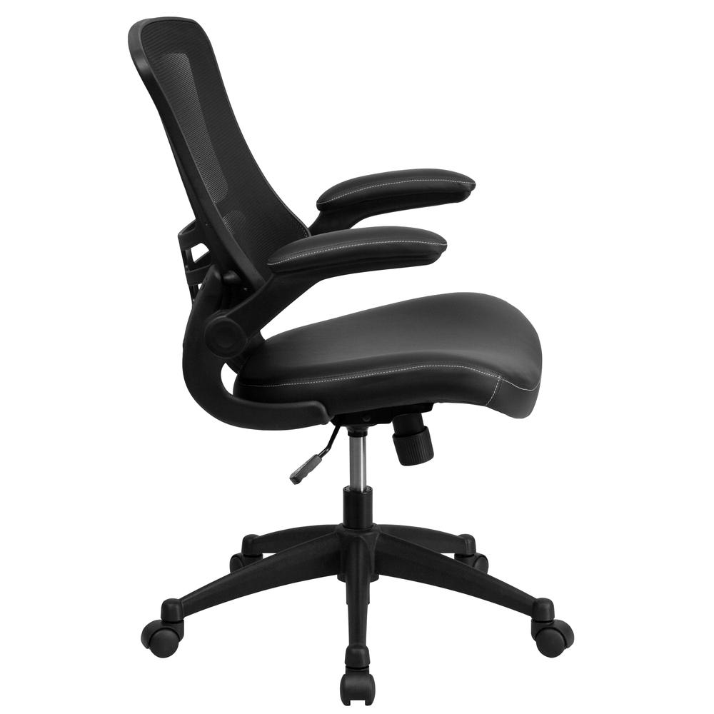 Mid-Back Black Mesh Swivel Ergonomic Task Office Chair with LeatherSoft Seat and Flip-Up Arms. Picture 3