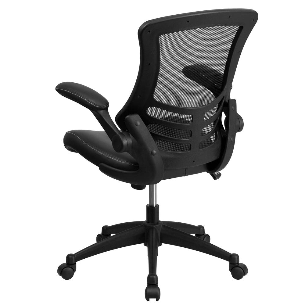 Mid-Back Black Mesh Swivel Ergonomic Task Office Chair with LeatherSoft Seat and Flip-Up Arms. Picture 4