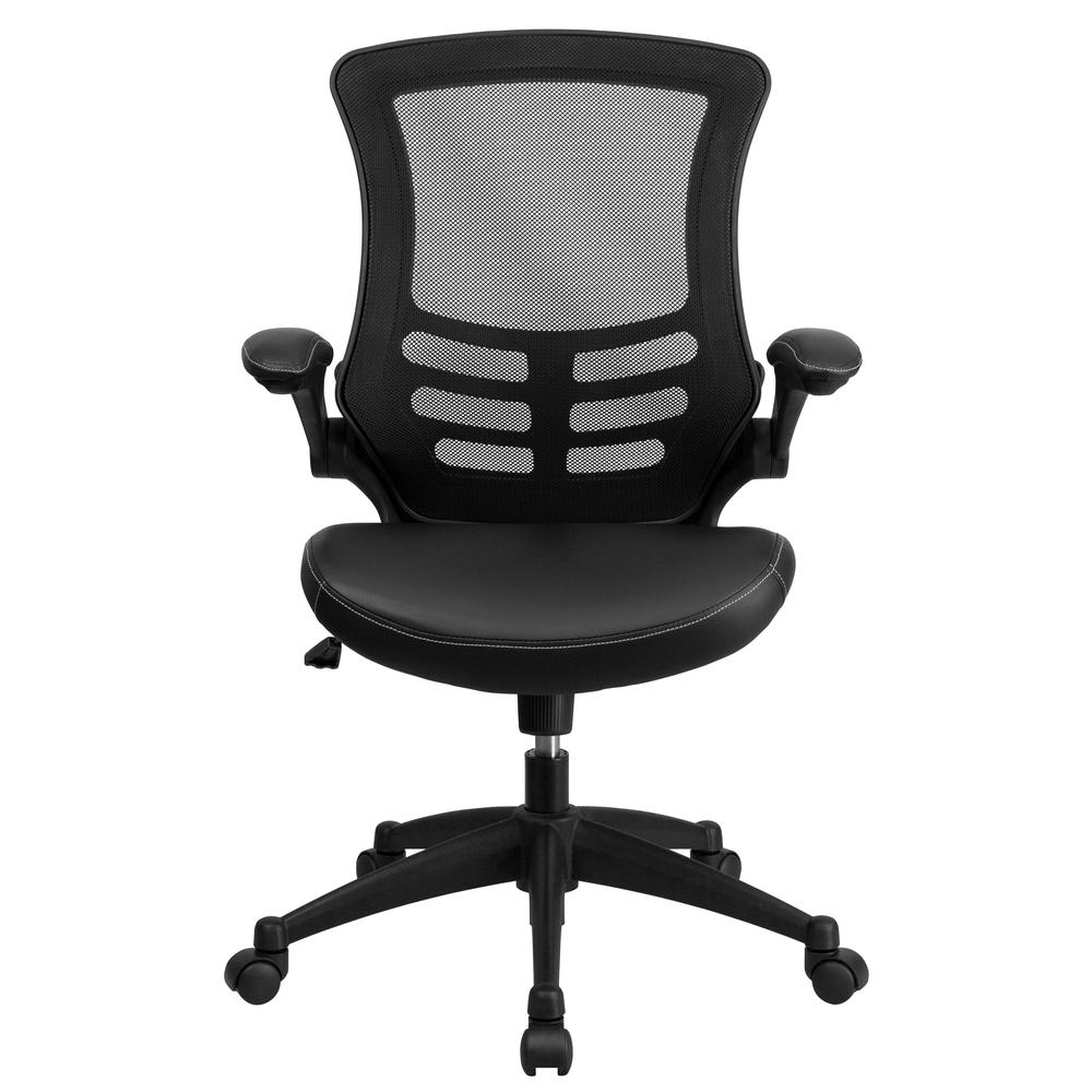 Mid-Back Black Mesh Swivel Ergonomic Task Office Chair with LeatherSoft Seat and Flip-Up Arms. Picture 5