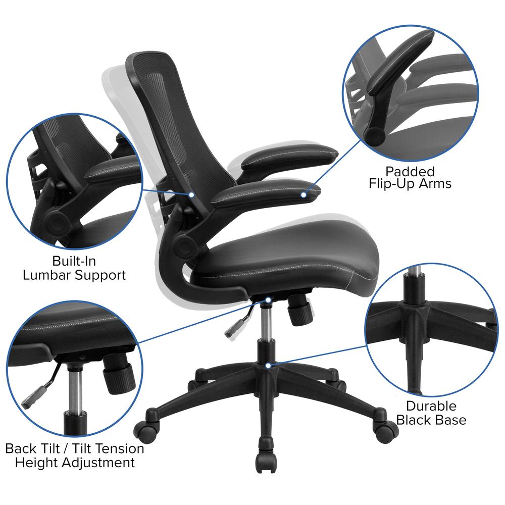 Mid-Back Black Mesh Swivel Ergonomic Task Office Chair with LeatherSoft Seat and Flip-Up Arms. Picture 6