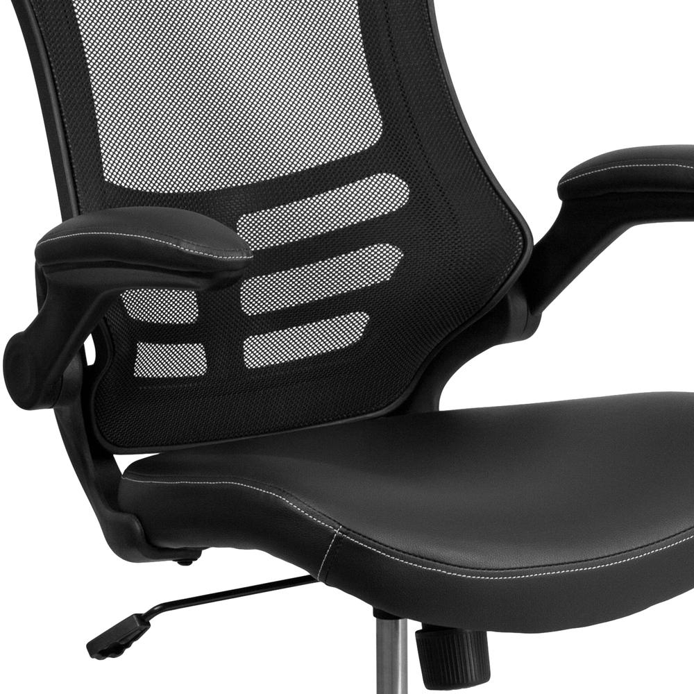Mid-Back Black Mesh Swivel Ergonomic Task Office Chair with LeatherSoft Seat and Flip-Up Arms. Picture 7