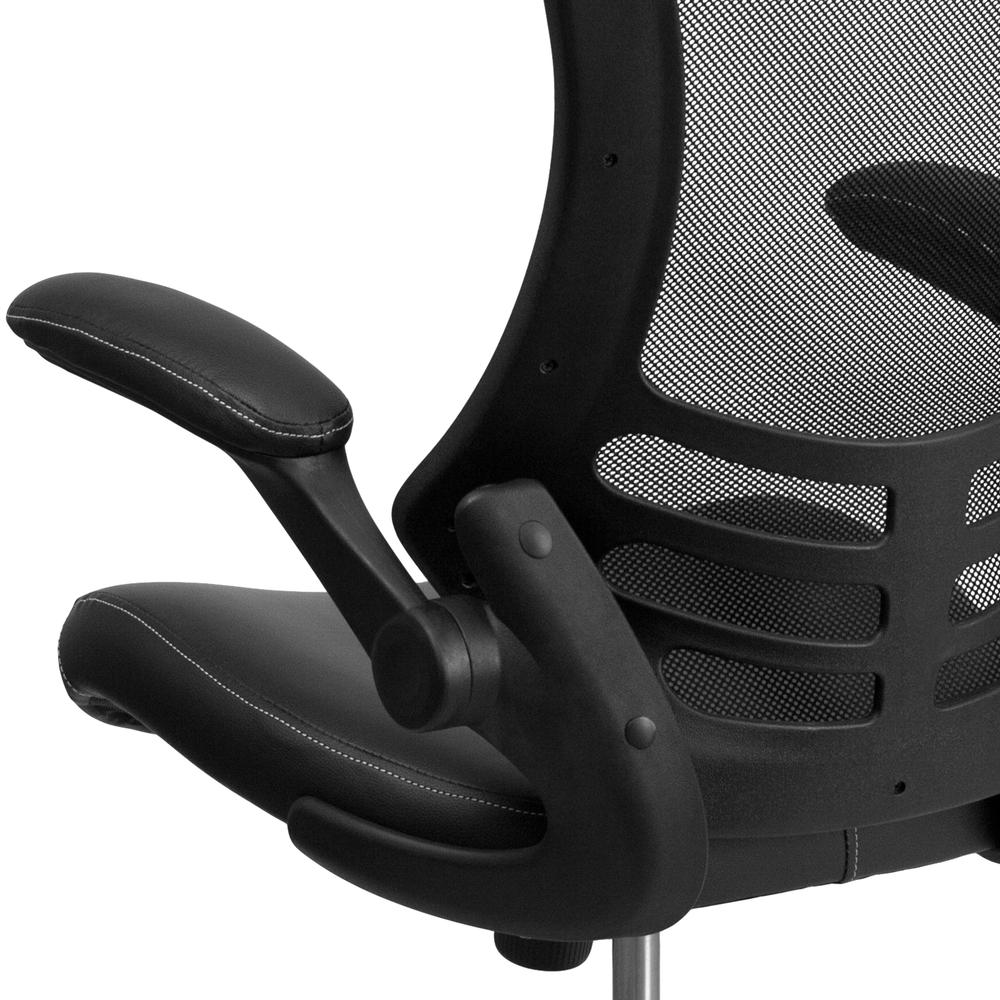 Mid-Back Black Mesh Swivel Ergonomic Task Office Chair with LeatherSoft Seat and Flip-Up Arms. Picture 8