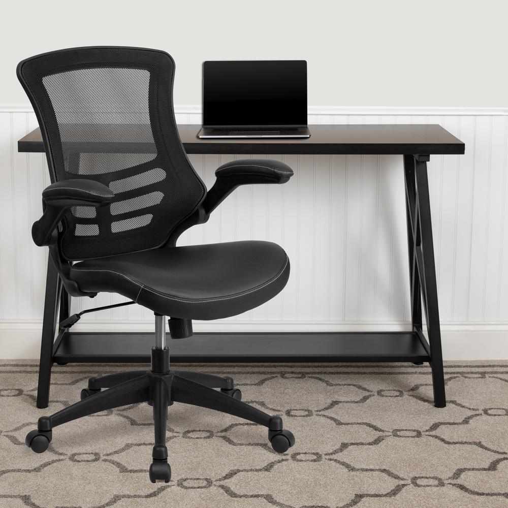 Mid-Back Black Mesh Swivel Ergonomic Task Office Chair with LeatherSoft Seat and Flip-Up Arms. Picture 9