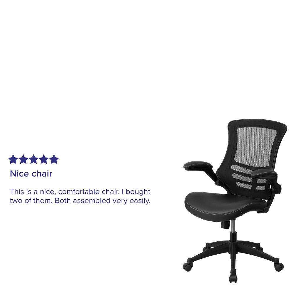 Mid-Back Black Mesh Swivel Ergonomic Task Office Chair with LeatherSoft Seat and Flip-Up Arms. Picture 10