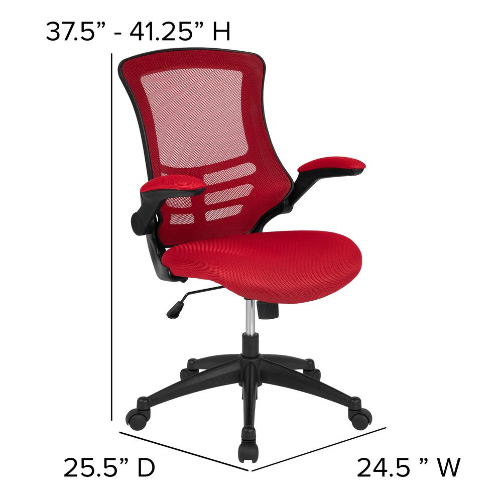 Mid-Back Red Mesh Swivel Ergonomic Task Office Chair with Flip-Up Arms. Picture 2