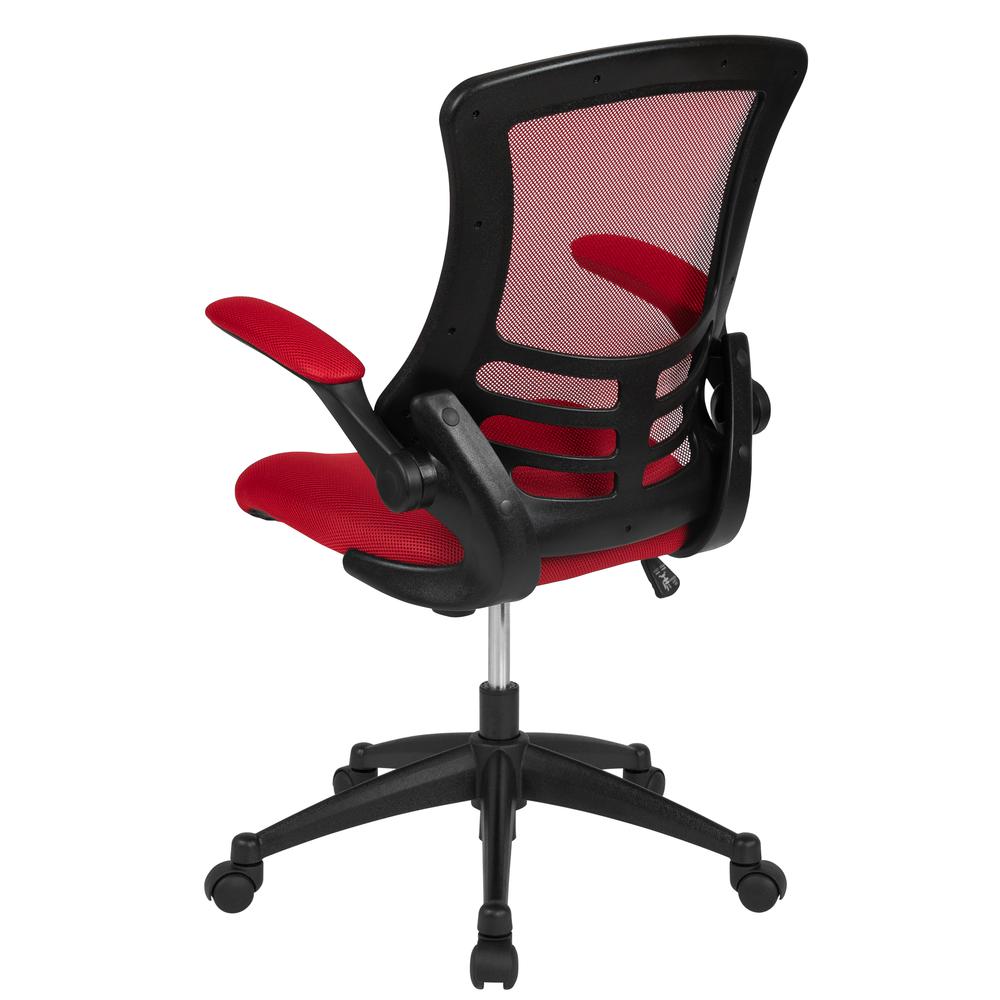 Mid-Back Red Mesh Swivel Ergonomic Task Office Chair with Flip-Up Arms. Picture 5