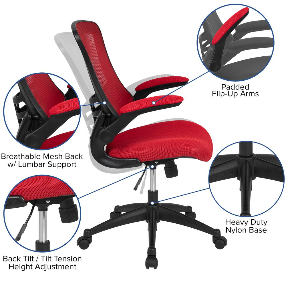 Mid-Back Red Mesh Swivel Ergonomic Task Office Chair with Flip-Up Arms. Picture 6