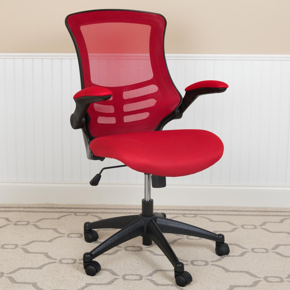 Mid-Back Red Mesh Swivel Ergonomic Task Office Chair with Flip-Up Arms. Picture 11
