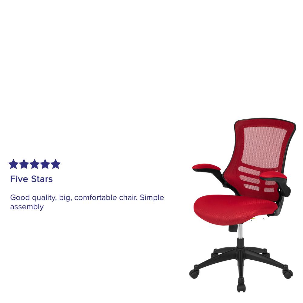 Mid-Back Red Mesh Swivel Ergonomic Task Office Chair with Flip-Up Arms. Picture 12