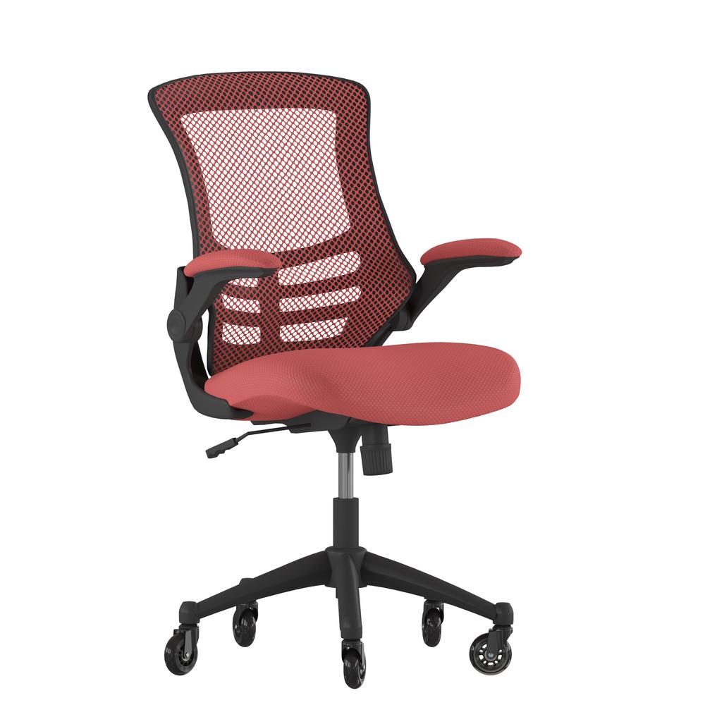 Mid-Back Red Mesh Swivel Task Office Chair with Flip-Up Arms and Roller Wheels. Picture 2