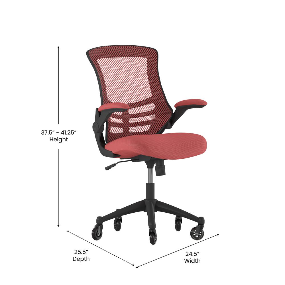 Mid-Back Red Mesh Swivel Task Office Chair with Flip-Up Arms and Roller Wheels. Picture 5