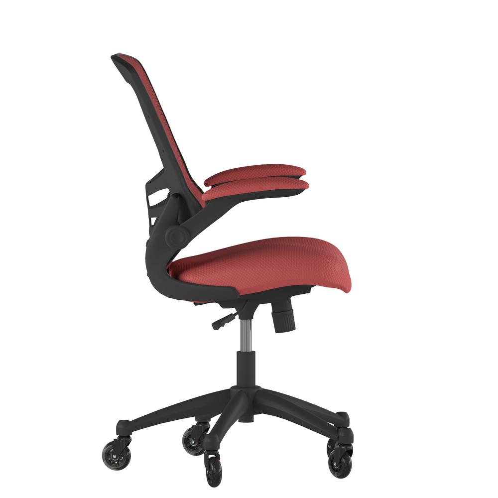 Mid-Back Red Mesh Swivel Task Office Chair with Flip-Up Arms and Roller Wheels. Picture 8