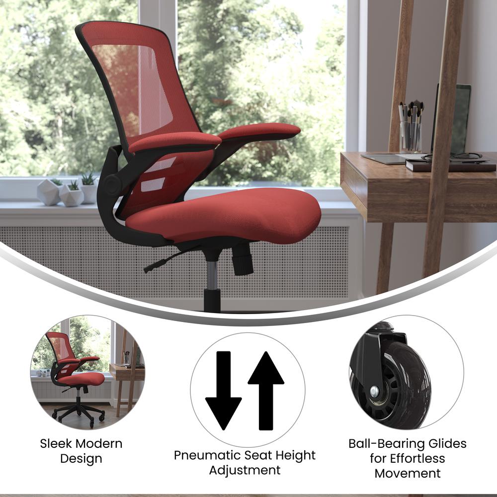Mid-Back Red Mesh Swivel Task Office Chair with Flip-Up Arms and Roller Wheels. Picture 4