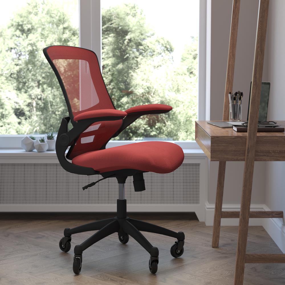 Mid-Back Red Mesh Swivel Task Office Chair with Flip-Up Arms and Roller Wheels. Picture 1