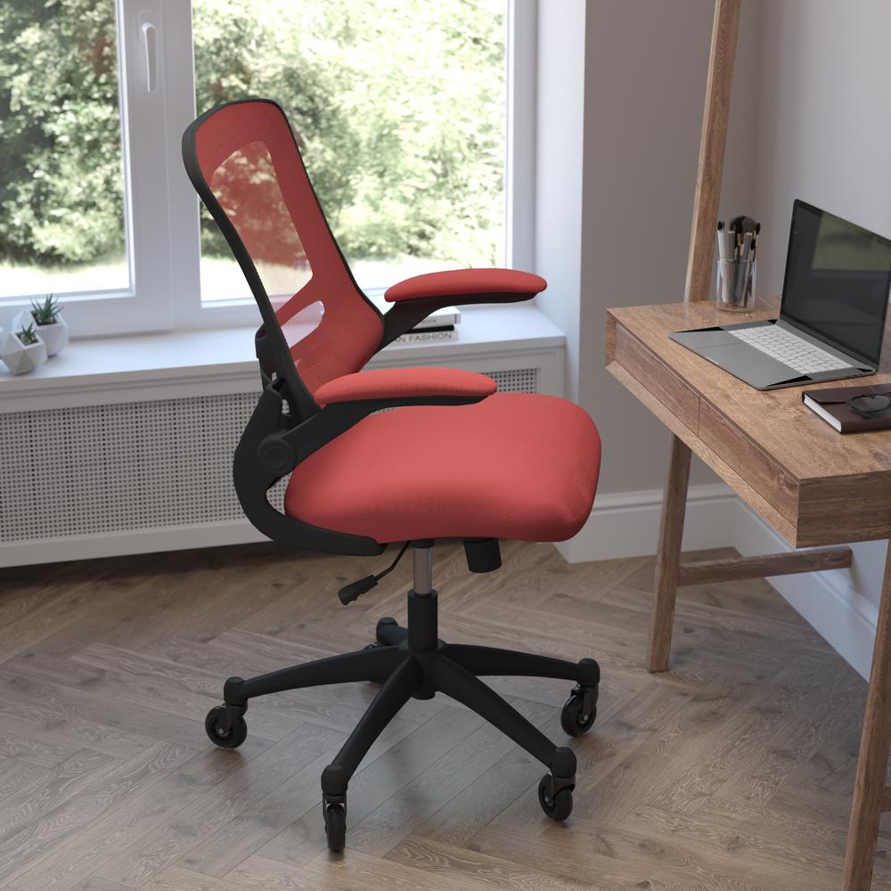 Mid-Back Red Mesh Swivel Task Office Chair with Flip-Up Arms and Roller Wheels. Picture 6