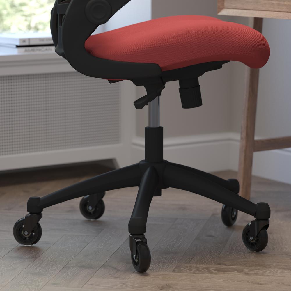 Mid-Back Red Mesh Swivel Task Office Chair with Flip-Up Arms and Roller Wheels. Picture 7