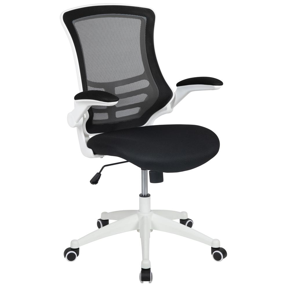 Mid-Back Black Mesh Swivel Ergonomic Task Office Chair with White Frame and Flip-Up Arms. The main picture.