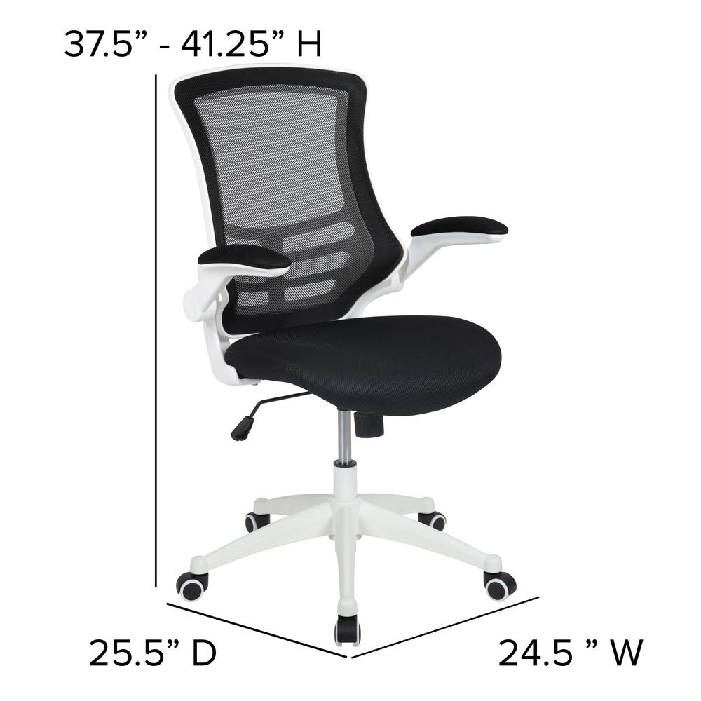 Mid-Back Black Mesh Swivel Ergonomic Task Office Chair with White Frame and Flip-Up Arms. Picture 4