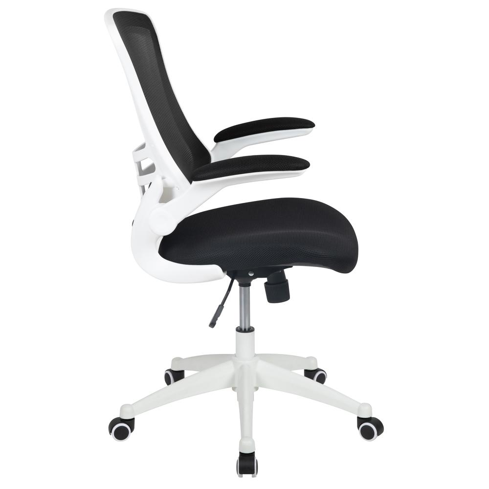 Mid-Back Black Mesh Swivel Ergonomic Task Office Chair with White Frame and Flip-Up Arms. Picture 3