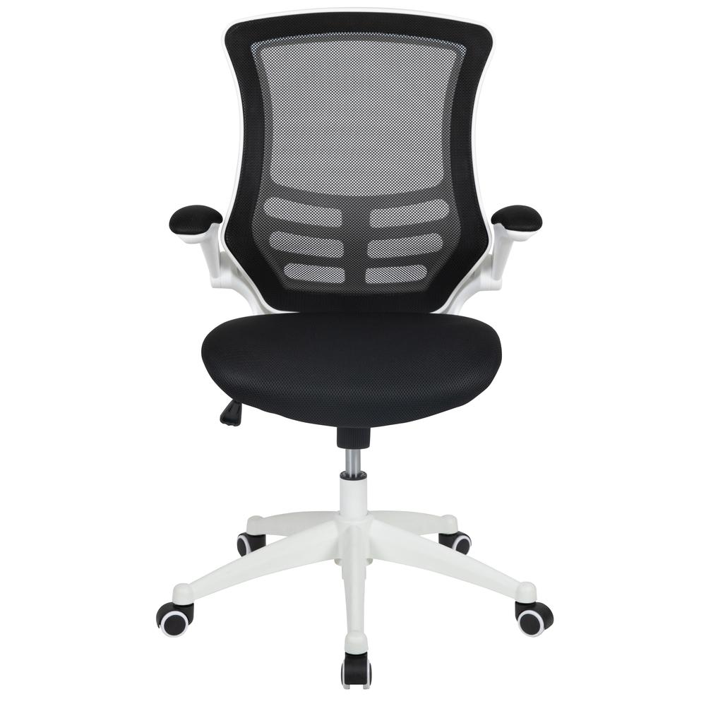 Mid-Back Black Mesh Swivel Ergonomic Task Office Chair with White Frame and Flip-Up Arms. Picture 5