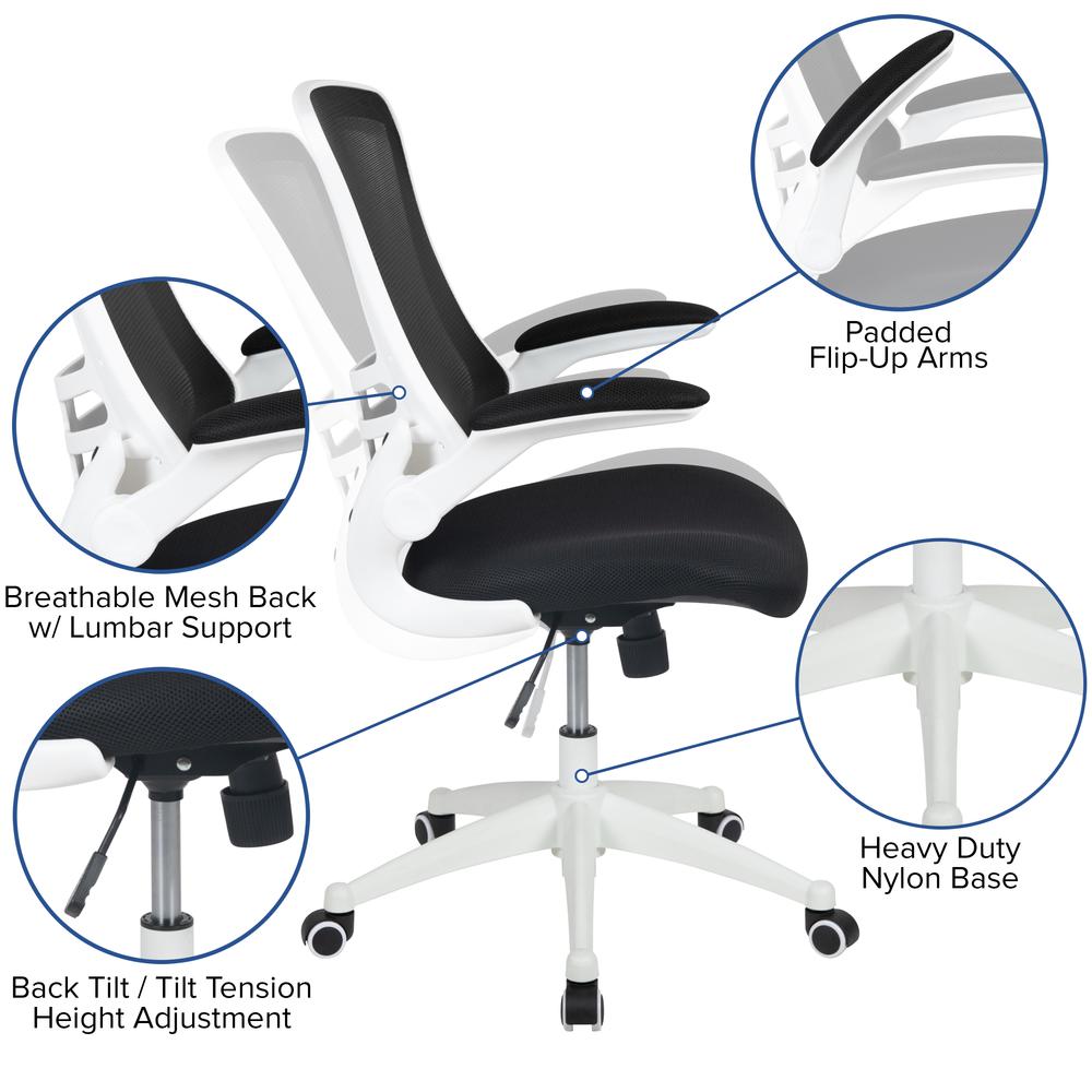 Mid-Back Black Mesh Swivel Ergonomic Task Office Chair with White Frame and Flip-Up Arms. Picture 6