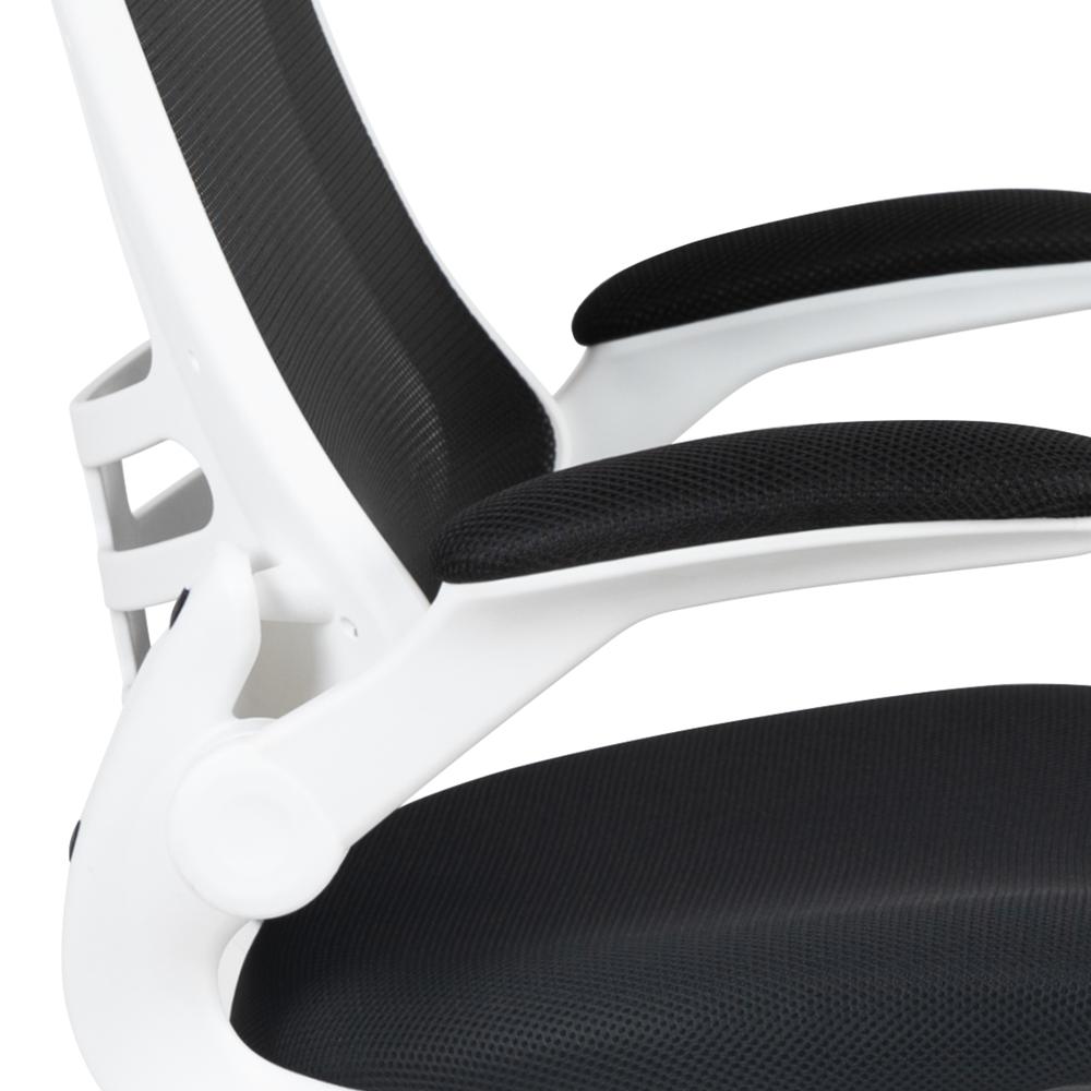 Mid-Back Black Mesh Swivel Ergonomic Task Office Chair with White Frame and Flip-Up Arms. Picture 7