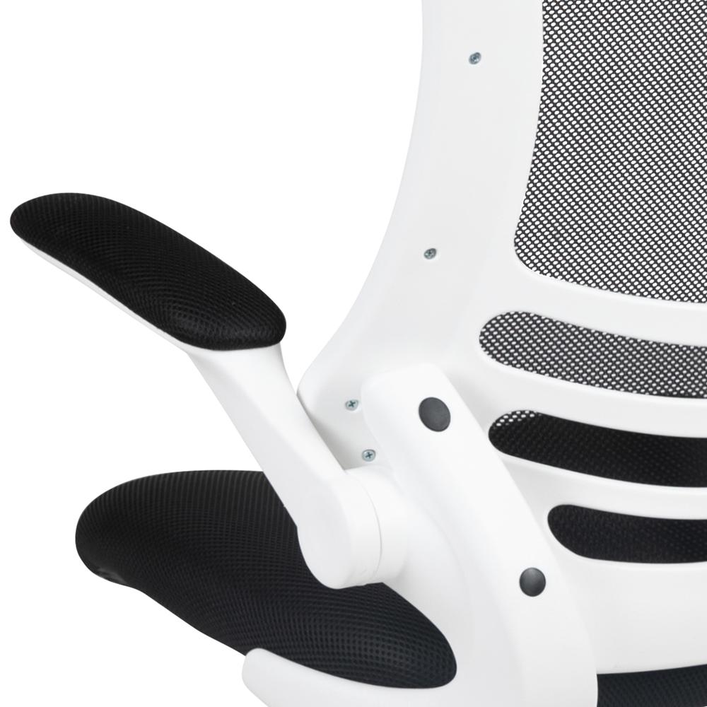 Mid-Back Black Mesh Swivel Ergonomic Task Office Chair with White Frame and Flip-Up Arms. Picture 8