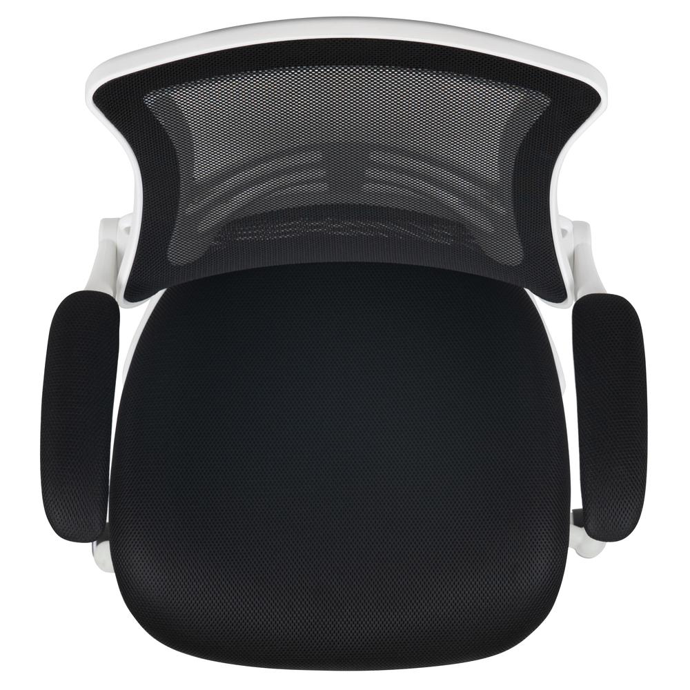 Mid-Back Black Mesh Swivel Ergonomic Task Office Chair with White Frame and Flip-Up Arms. Picture 9