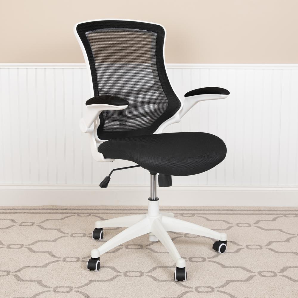 Mid-Back Black Mesh Swivel Ergonomic Task Office Chair with White Frame and Flip-Up Arms. Picture 11