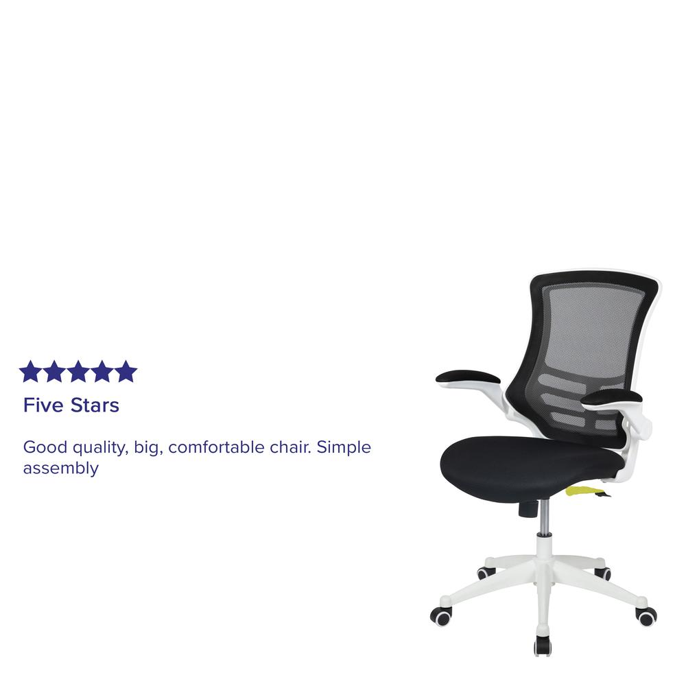 Mid-Back Black Mesh Swivel Ergonomic Task Office Chair with White Frame and Flip-Up Arms. Picture 12