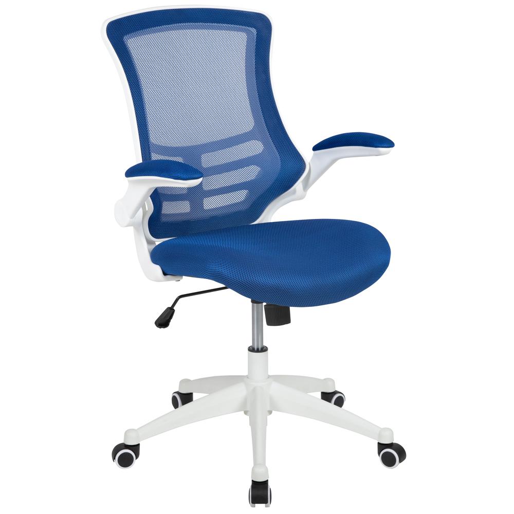 Mid-Back Blue Mesh Swivel Ergonomic Task Office Chair with White Frame and Flip-Up Arms. The main picture.