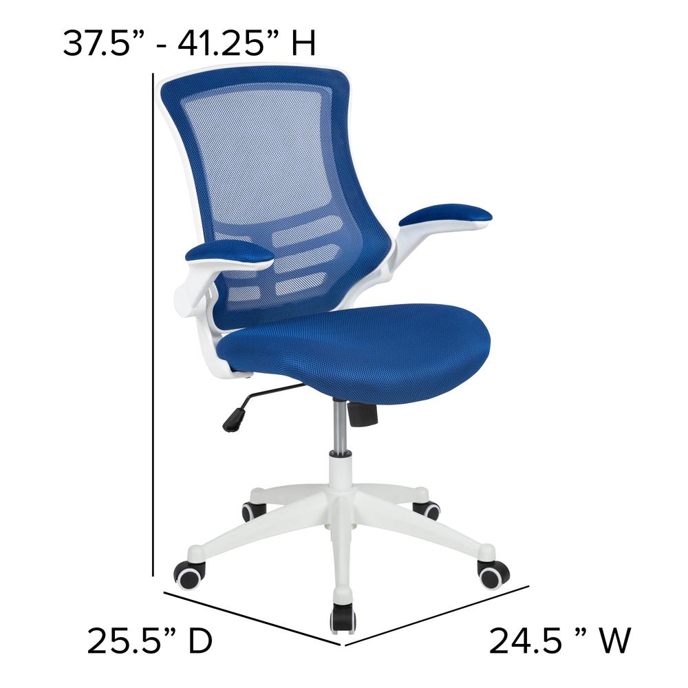 Mid-Back Blue Mesh Swivel Ergonomic Task Office Chair with White Frame and Flip-Up Arms. Picture 4