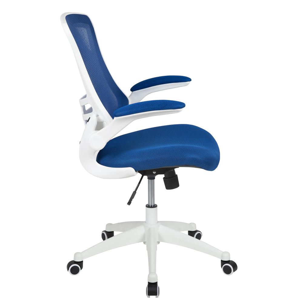 Mid-Back Blue Mesh Swivel Ergonomic Task Office Chair with White Frame and Flip-Up Arms. Picture 3