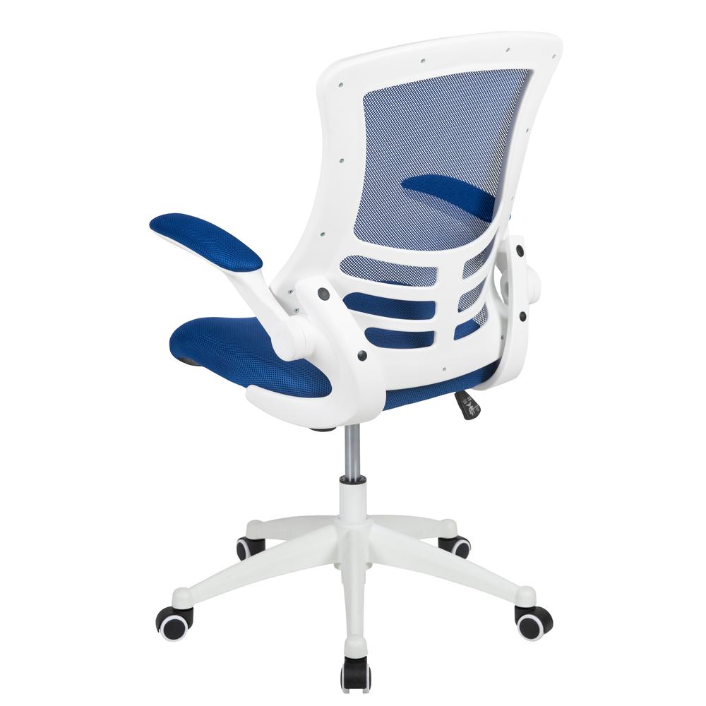 Mid-Back Blue Mesh Swivel Ergonomic Task Office Chair with White Frame and Flip-Up Arms. Picture 5
