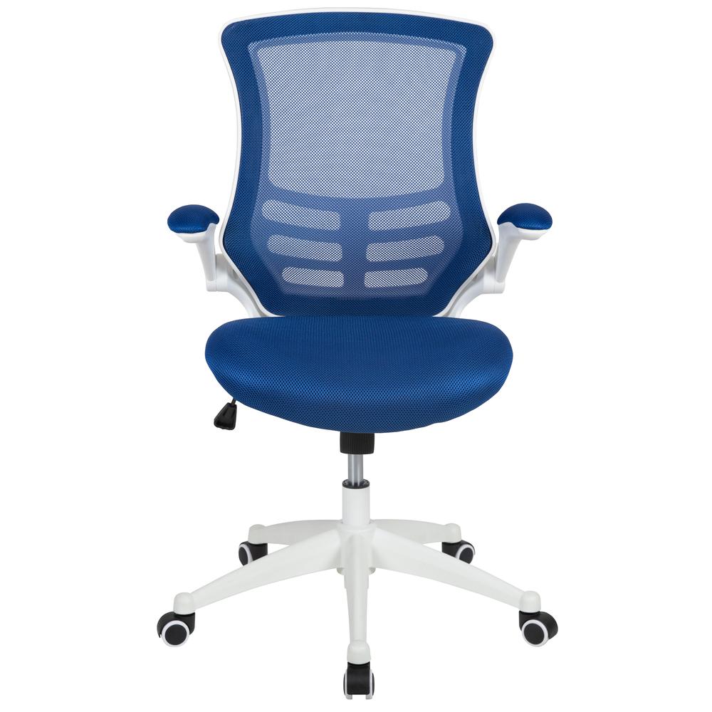 Mid-Back Blue Mesh Swivel Ergonomic Task Office Chair with White Frame and Flip-Up Arms. Picture 5