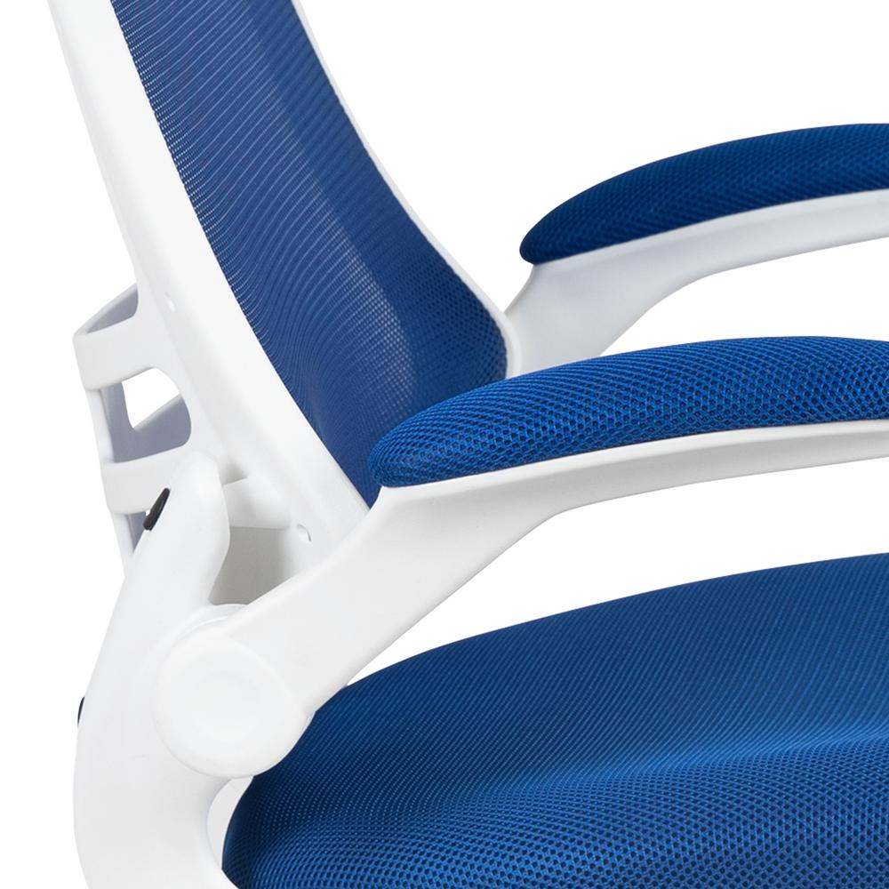 Mid-Back Blue Mesh Swivel Ergonomic Task Office Chair with White Frame and Flip-Up Arms. Picture 7