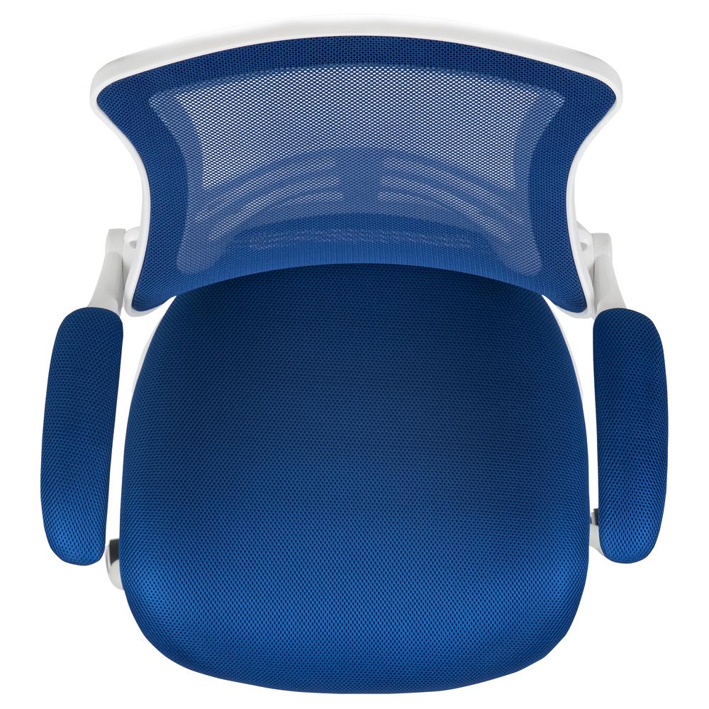 Mid-Back Blue Mesh Swivel Ergonomic Task Office Chair with White Frame and Flip-Up Arms. Picture 9