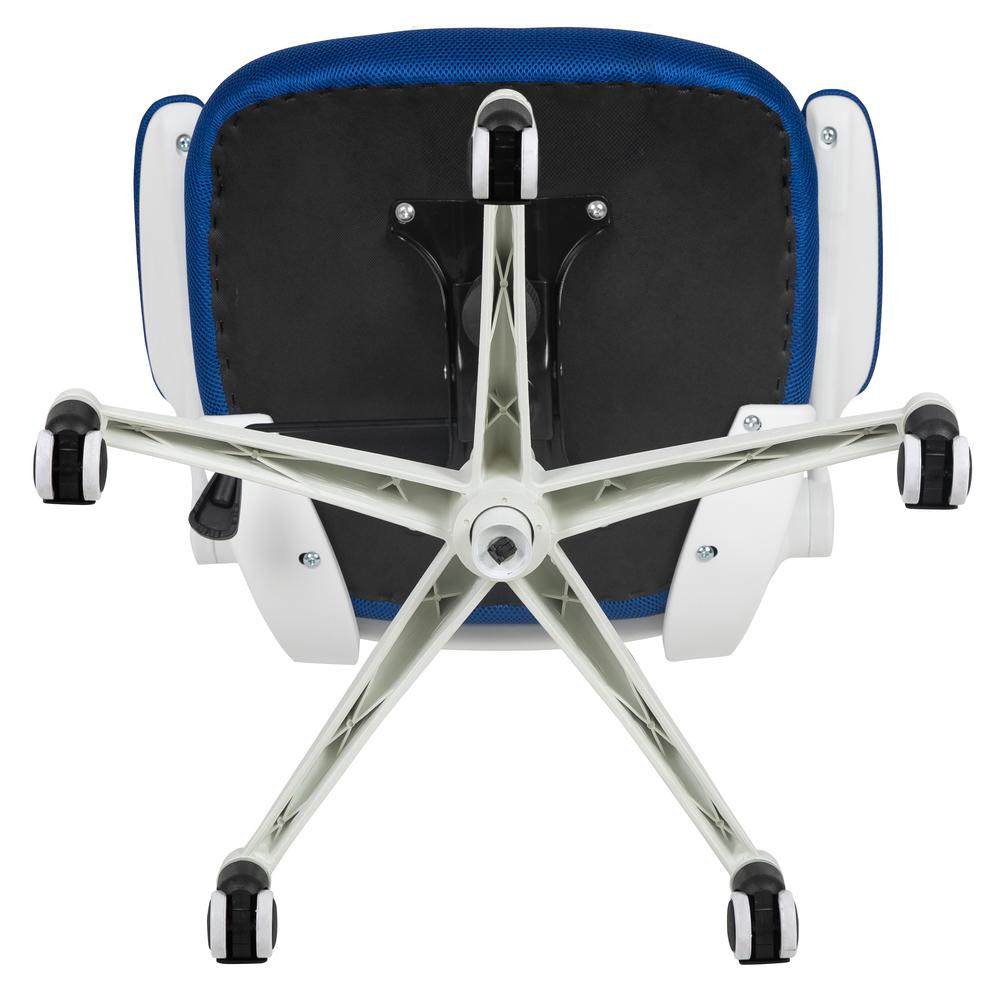 Mid-Back Blue Mesh Swivel Ergonomic Task Office Chair with White Frame and Flip-Up Arms. Picture 10