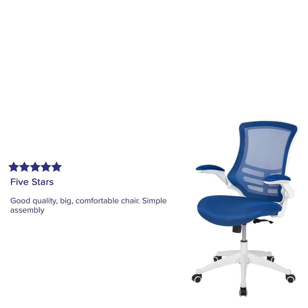 Mid-Back Blue Mesh Swivel Ergonomic Task Office Chair with White Frame and Flip-Up Arms. Picture 12