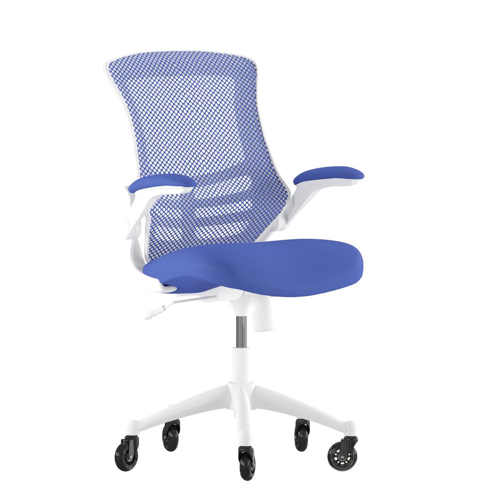 Mid-Back Blue Mesh Swivel Task Office Chair with White Frame. Picture 2